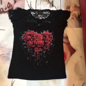 Gothic lace embellished rose top, new.